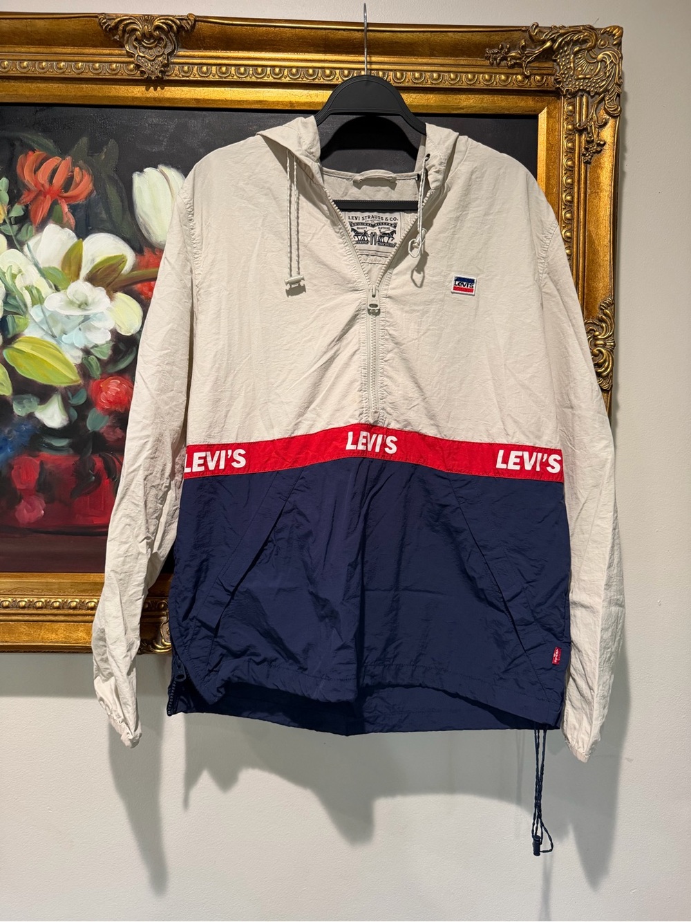 Vintage Levi's Cream and Navy Half-Zip Windbreaker with Red Logo Band